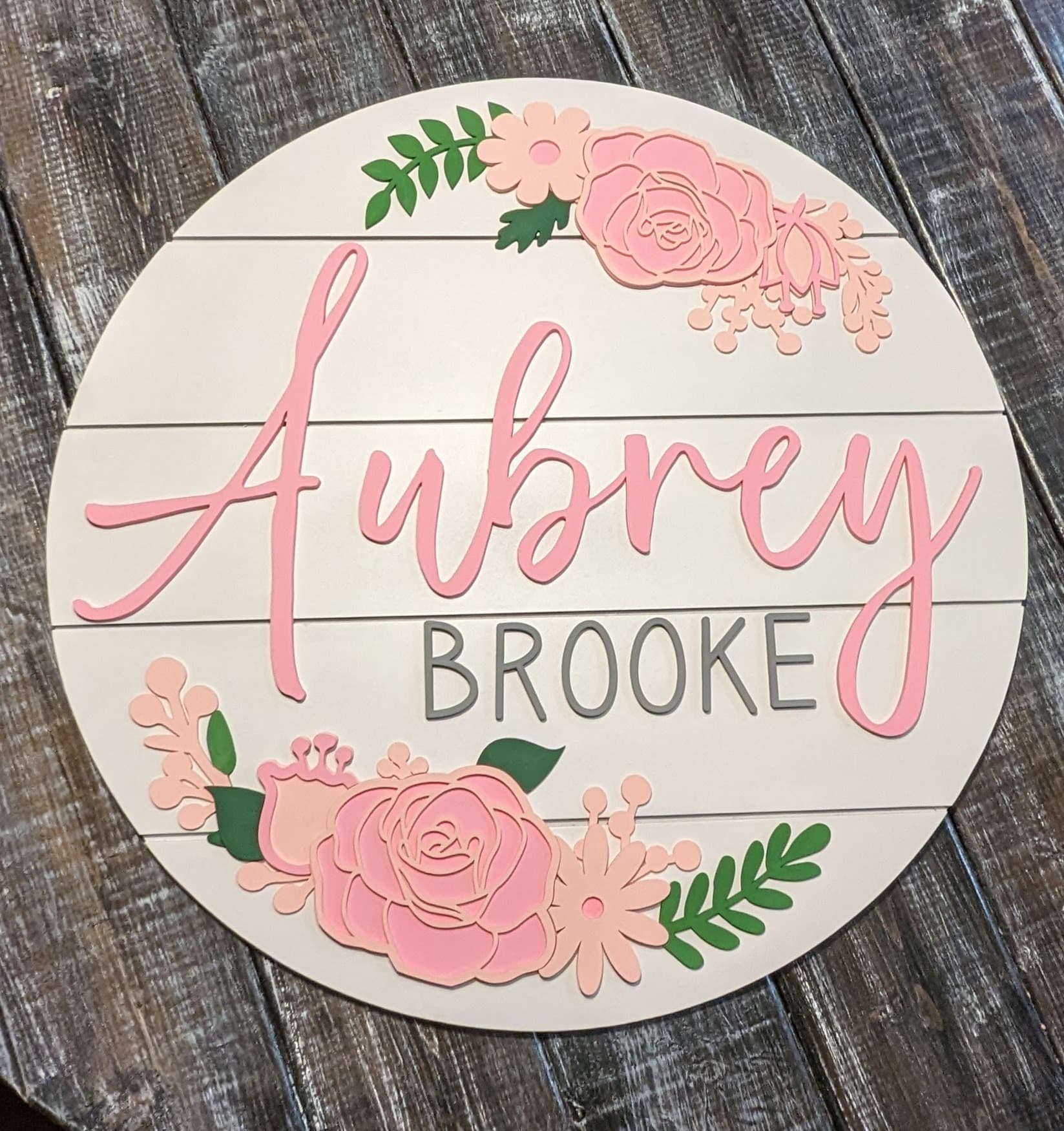 Round floral name sign with pink raised lettering