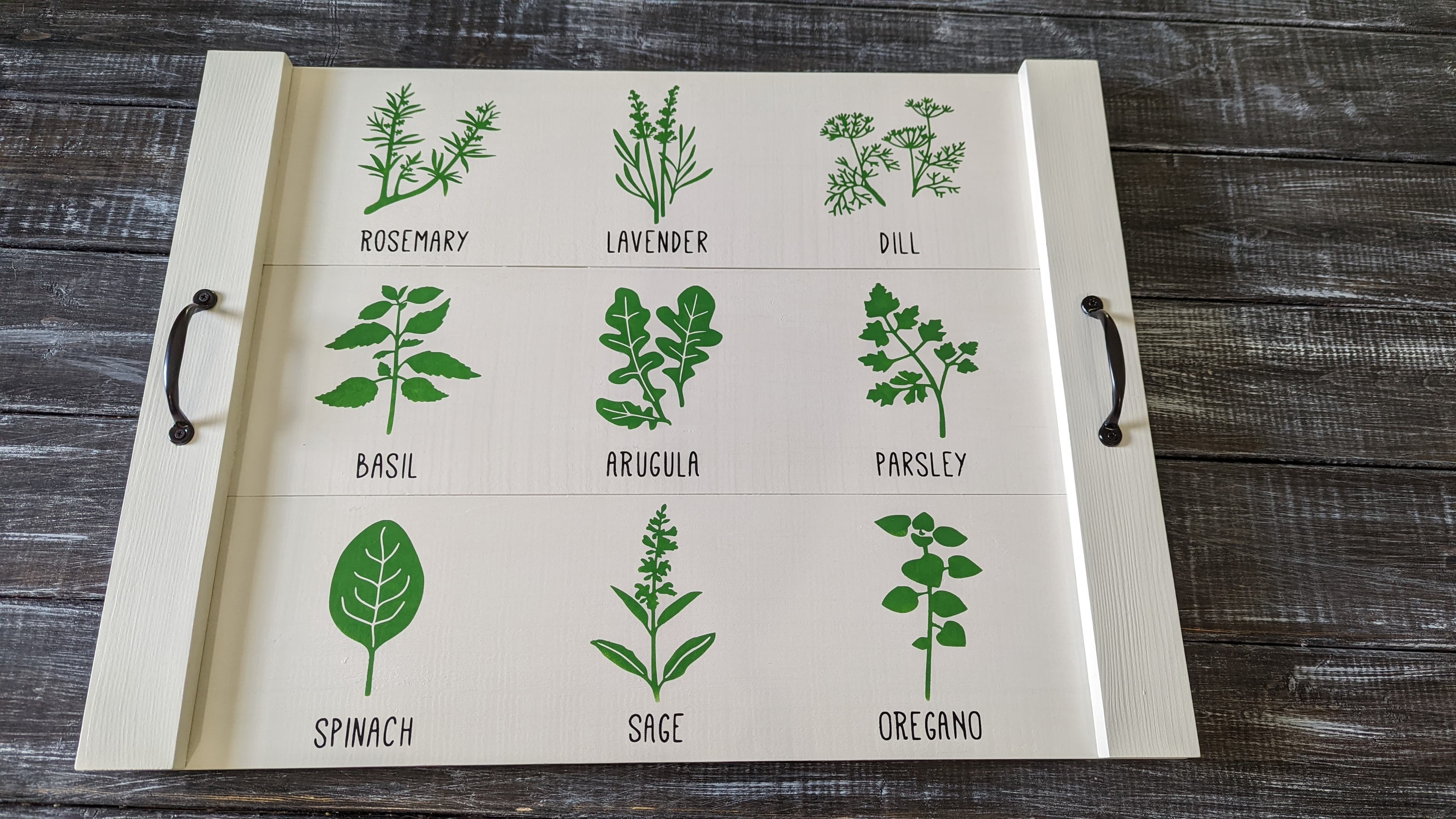 White serving tray painted with herb illustrations and labels