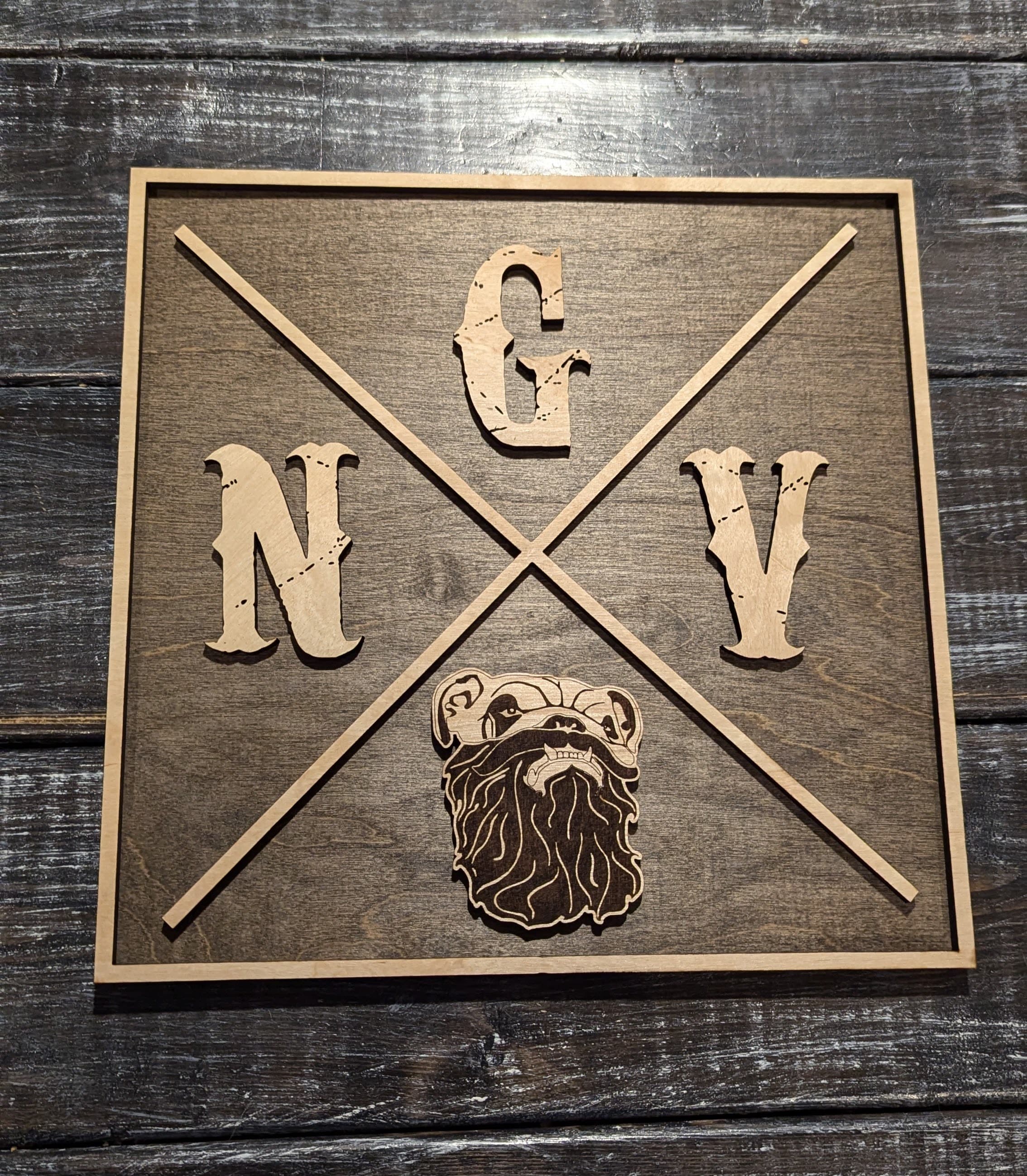 Square shield-style custom logo plaque with layered lettering