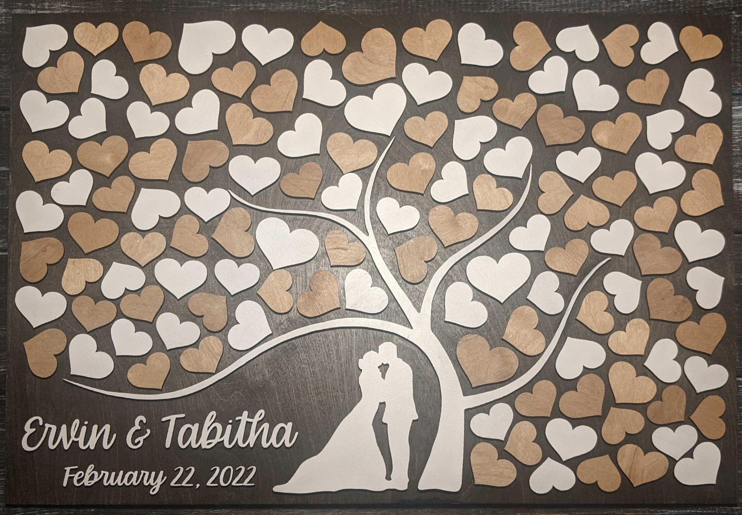 Personalized wedding guestbook tree with engraved hearts