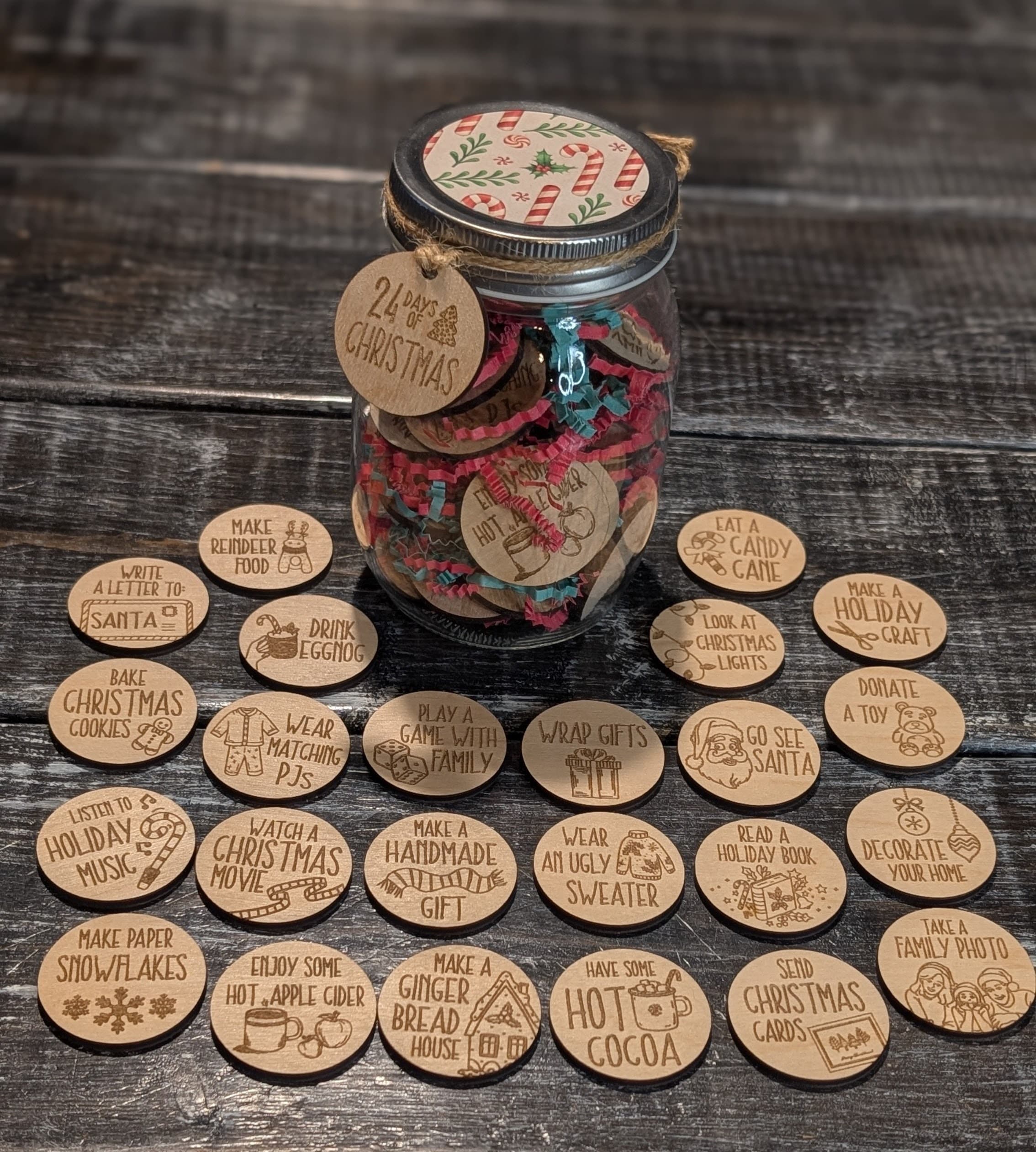 Holiday activity jar with engraved wood activity tokens