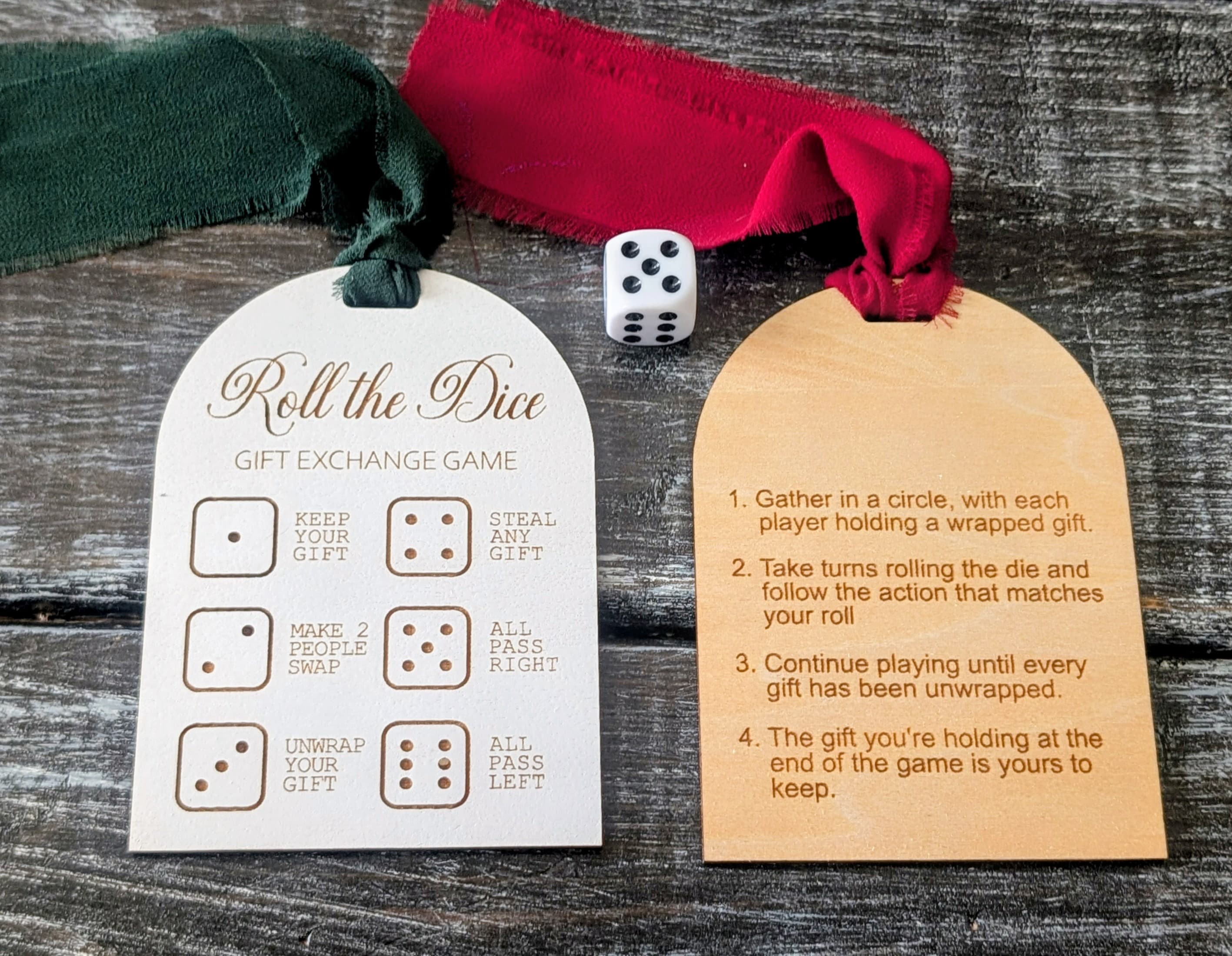 Roll the dice gift exchange game tags with ribbon and dice