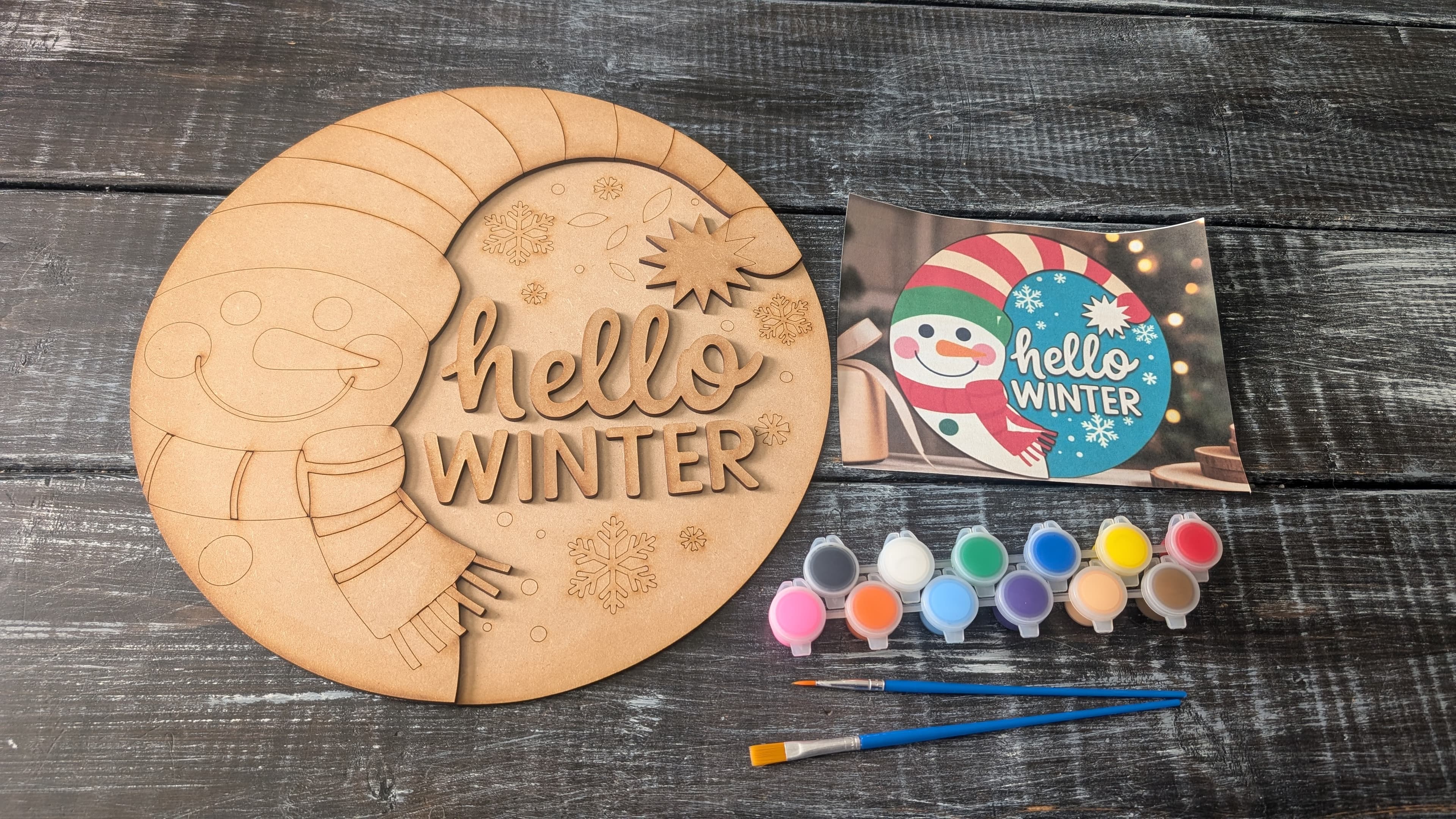 Hello winter wood paint kit with paints and brushes